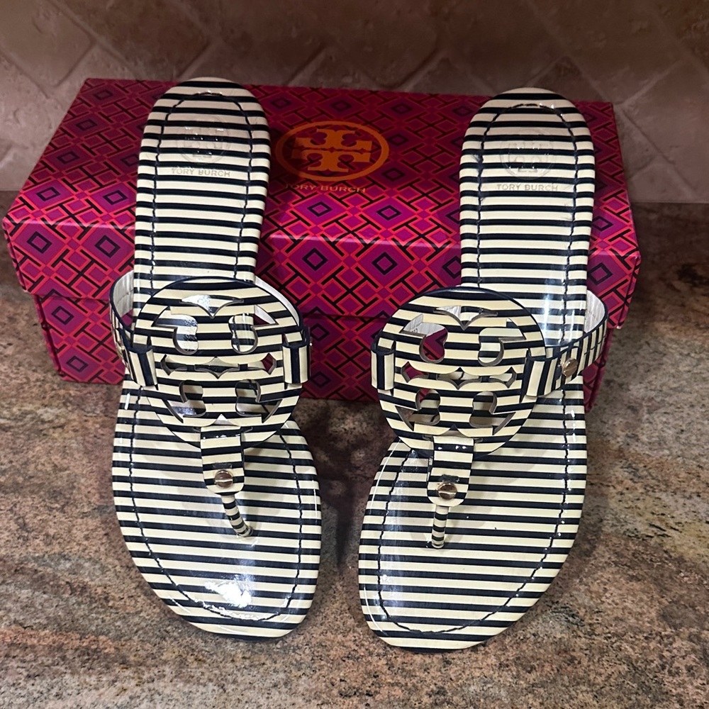 Tory Burch Black and White Striped Sandals hardly worn